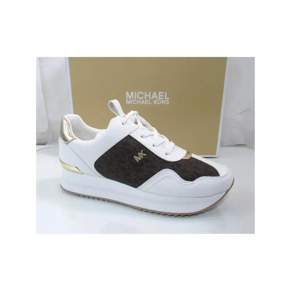 Michael Kors Raina Trainer Lace Up Sneakers MK Signature Brown White Size 7.5
